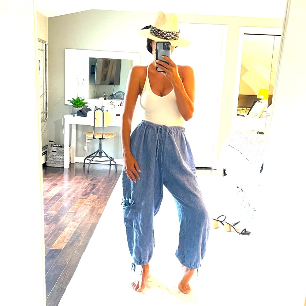 Flax Light Blue Linen Drawstring Cargo Pants